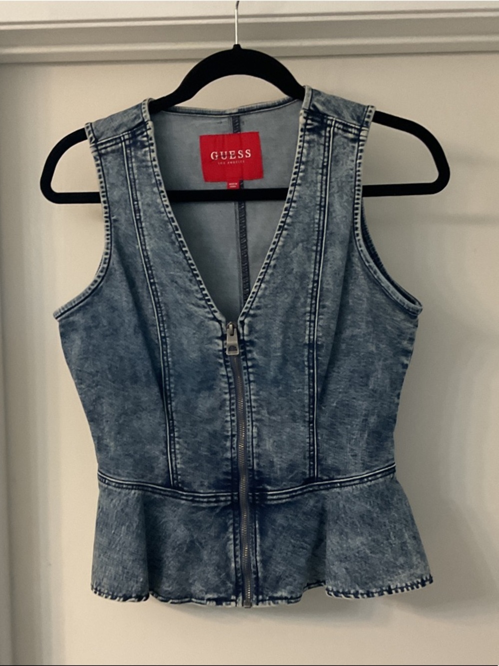 GUESS Acid-Wash Denim Zip Peplum Top - Light Blue